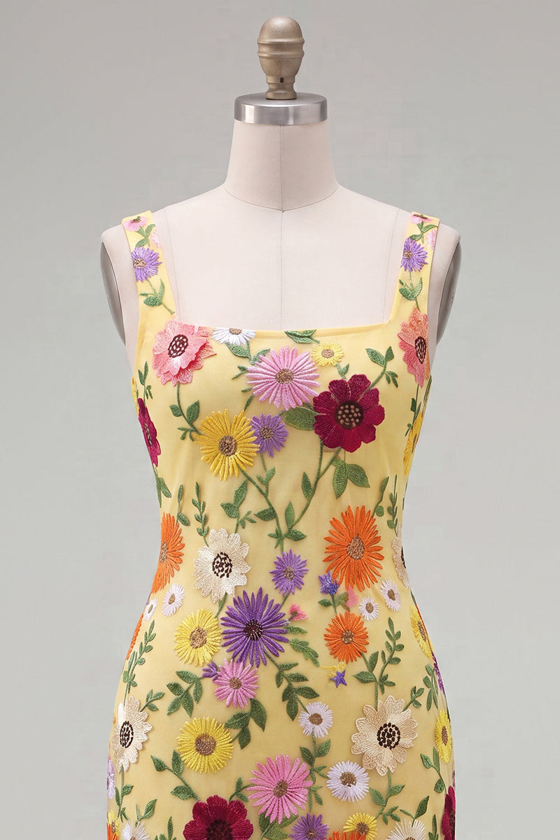 Load image into Gallery viewer, Butter Yellow Floral Square Neck Tight Short Homecoming Dress