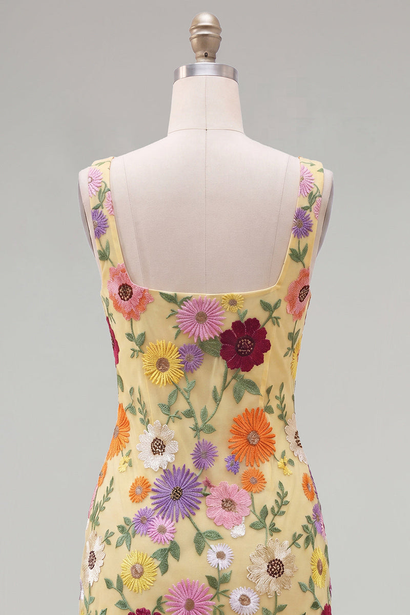 Load image into Gallery viewer, Butter Yellow Floral Square Neck Tight Short Homecoming Dress