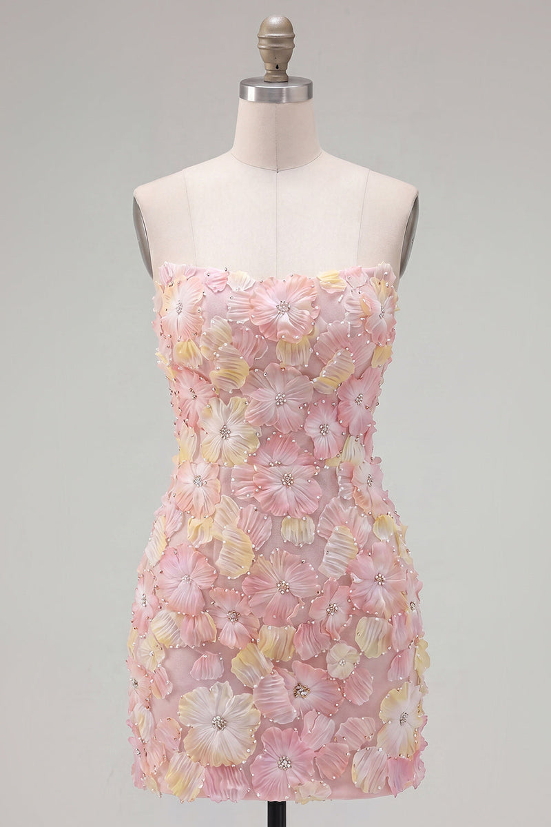 Load image into Gallery viewer, Sparkly Yellow Floral Strapless Beaded Tight Short Homecoming Dress