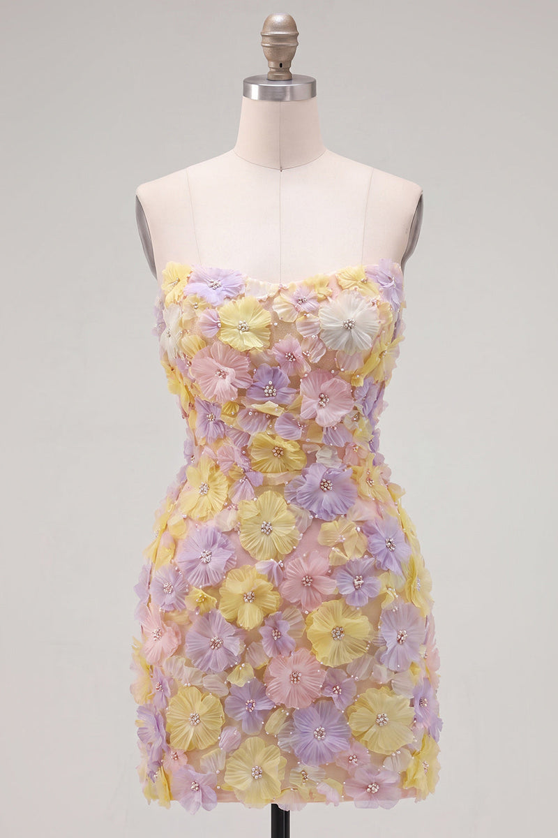 Load image into Gallery viewer, Sparkly Yellow Floral Strapless Beaded Tight Short Homecoming Dress