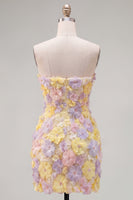 Load image into Gallery viewer, Sparkly Yellow Floral Strapless Beaded Tight Short Homecoming Dress