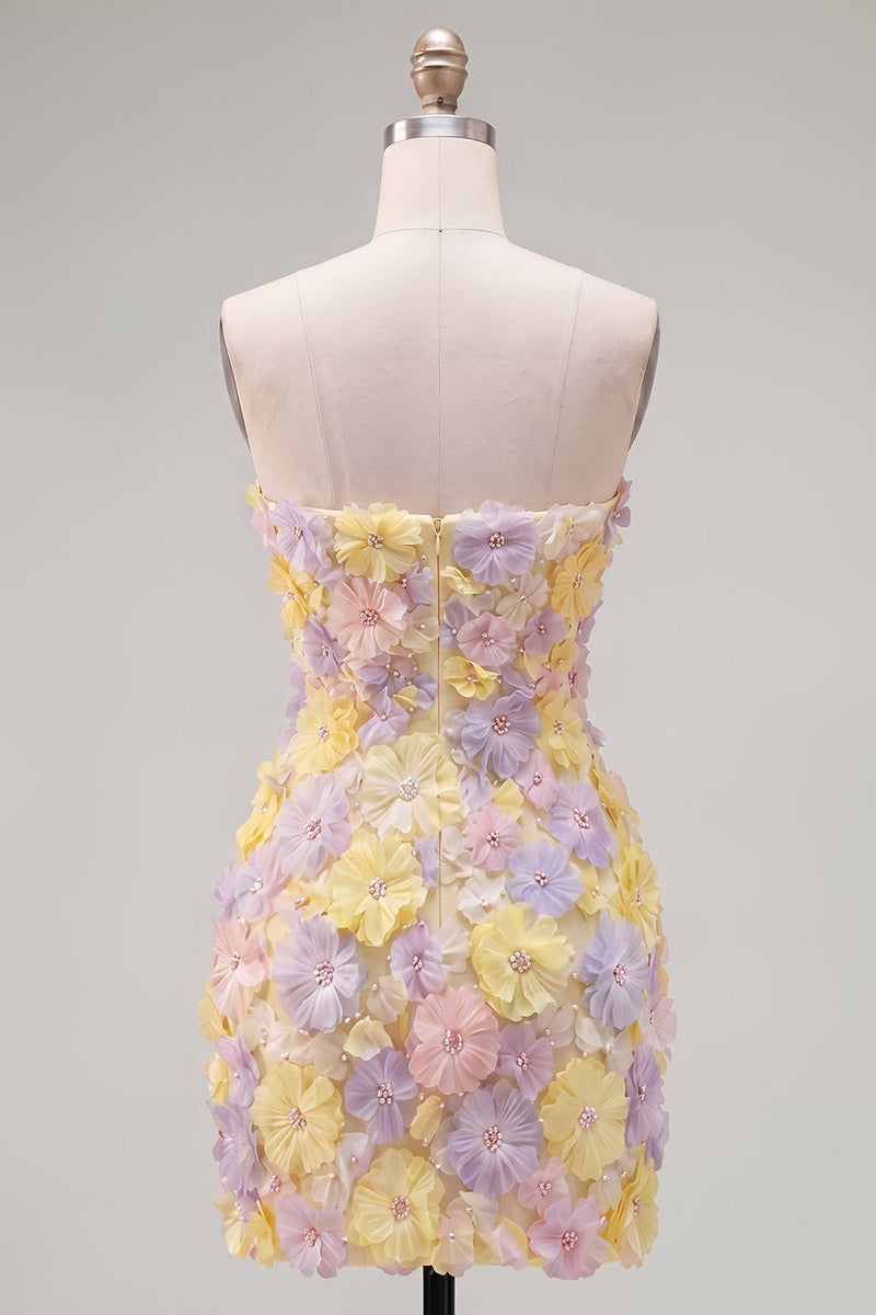 Load image into Gallery viewer, Sparkly Yellow Floral Strapless Beaded Tight Short Homecoming Dress