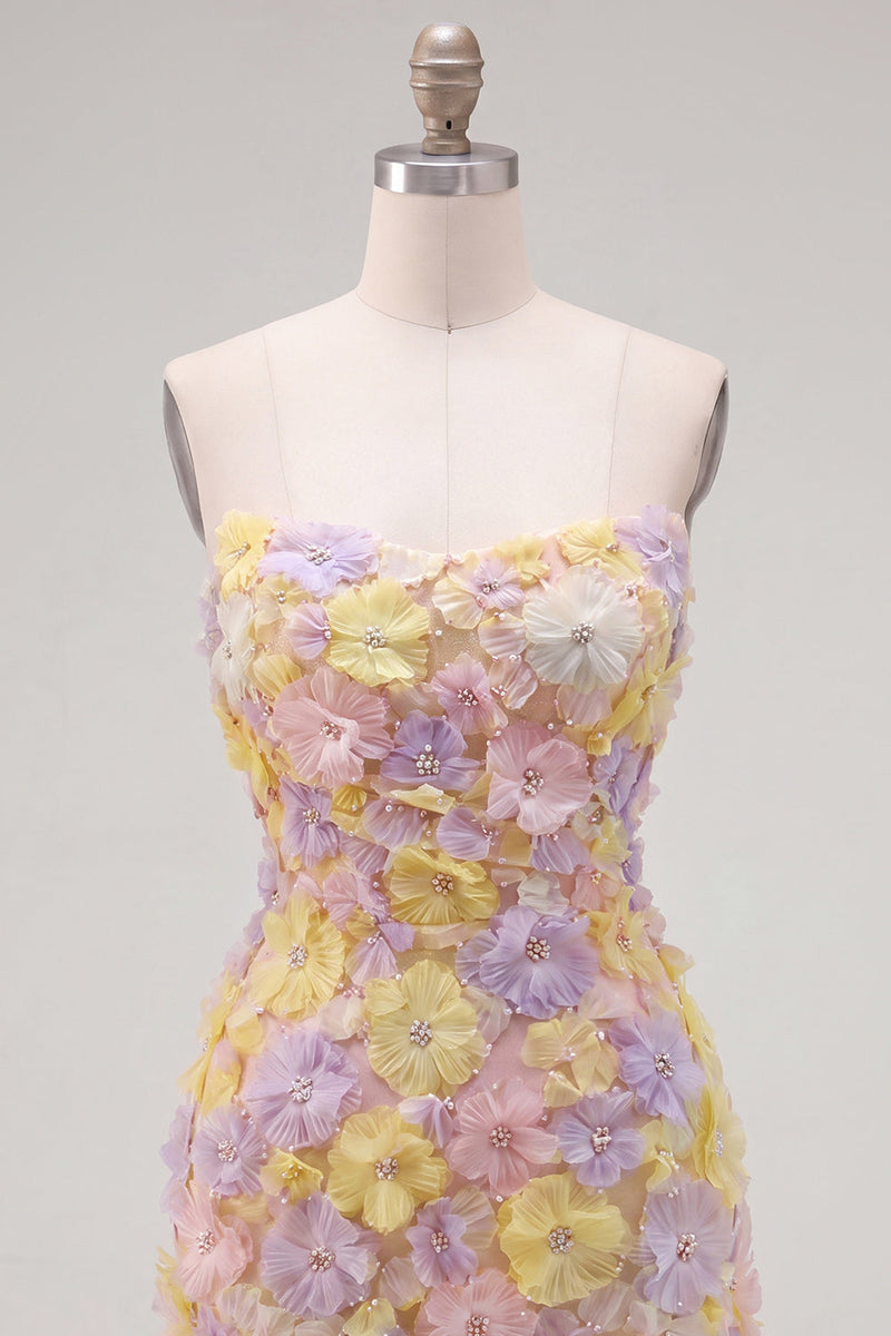 Load image into Gallery viewer, Sparkly Yellow Floral Strapless Beaded Tight Short Homecoming Dress