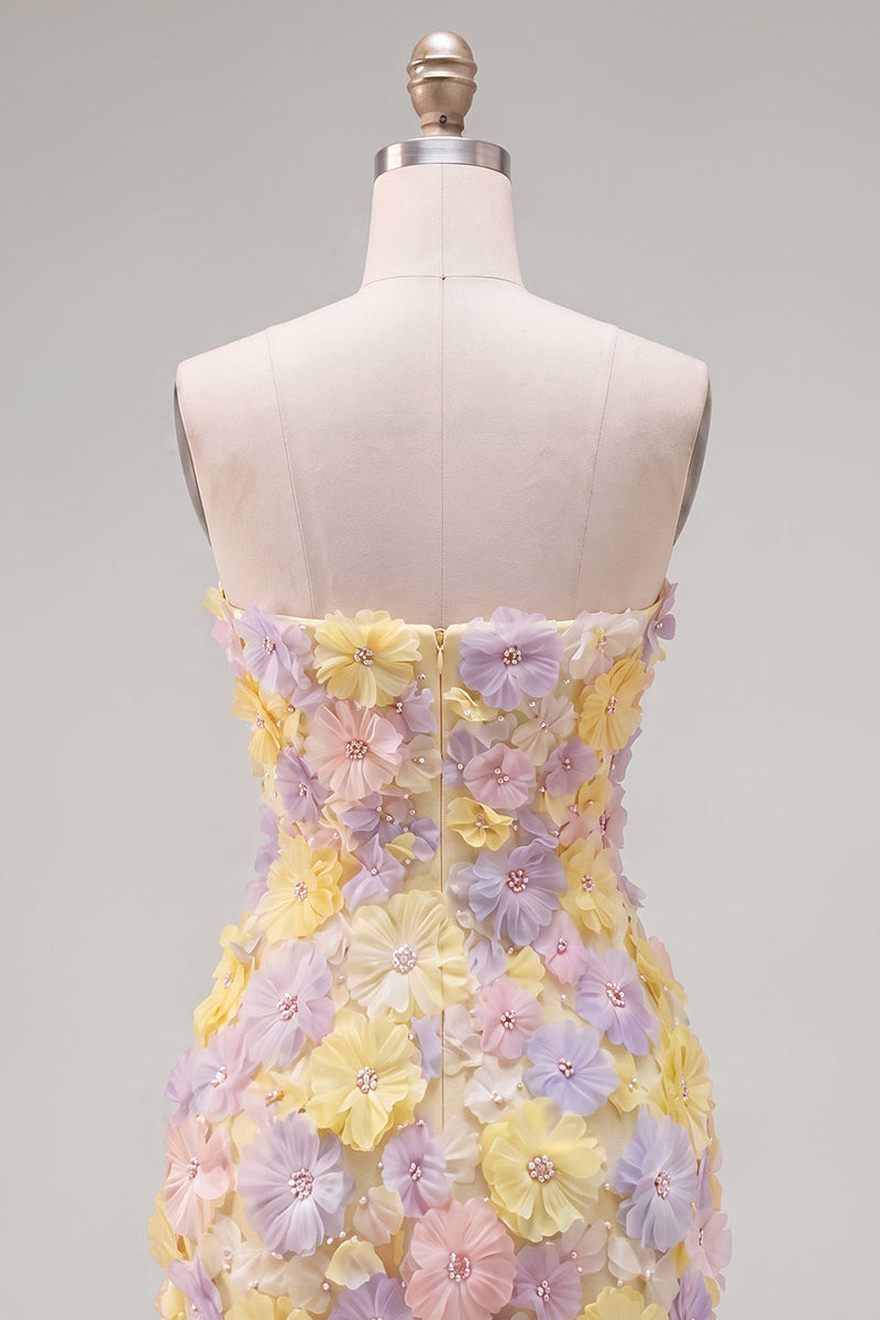 Load image into Gallery viewer, Sparkly Yellow Floral Strapless Beaded Tight Short Homecoming Dress