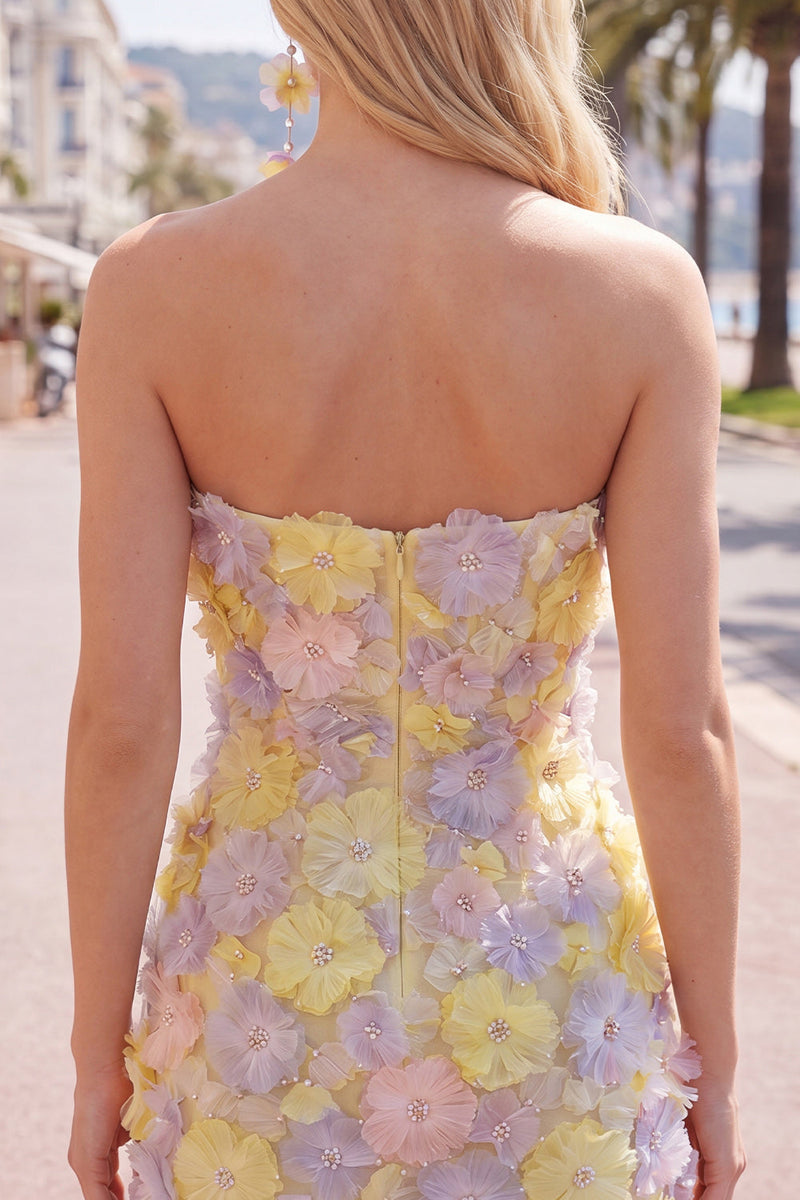 Load image into Gallery viewer, Sparkly Yellow Floral Strapless Beaded Tight Short Homecoming Dress