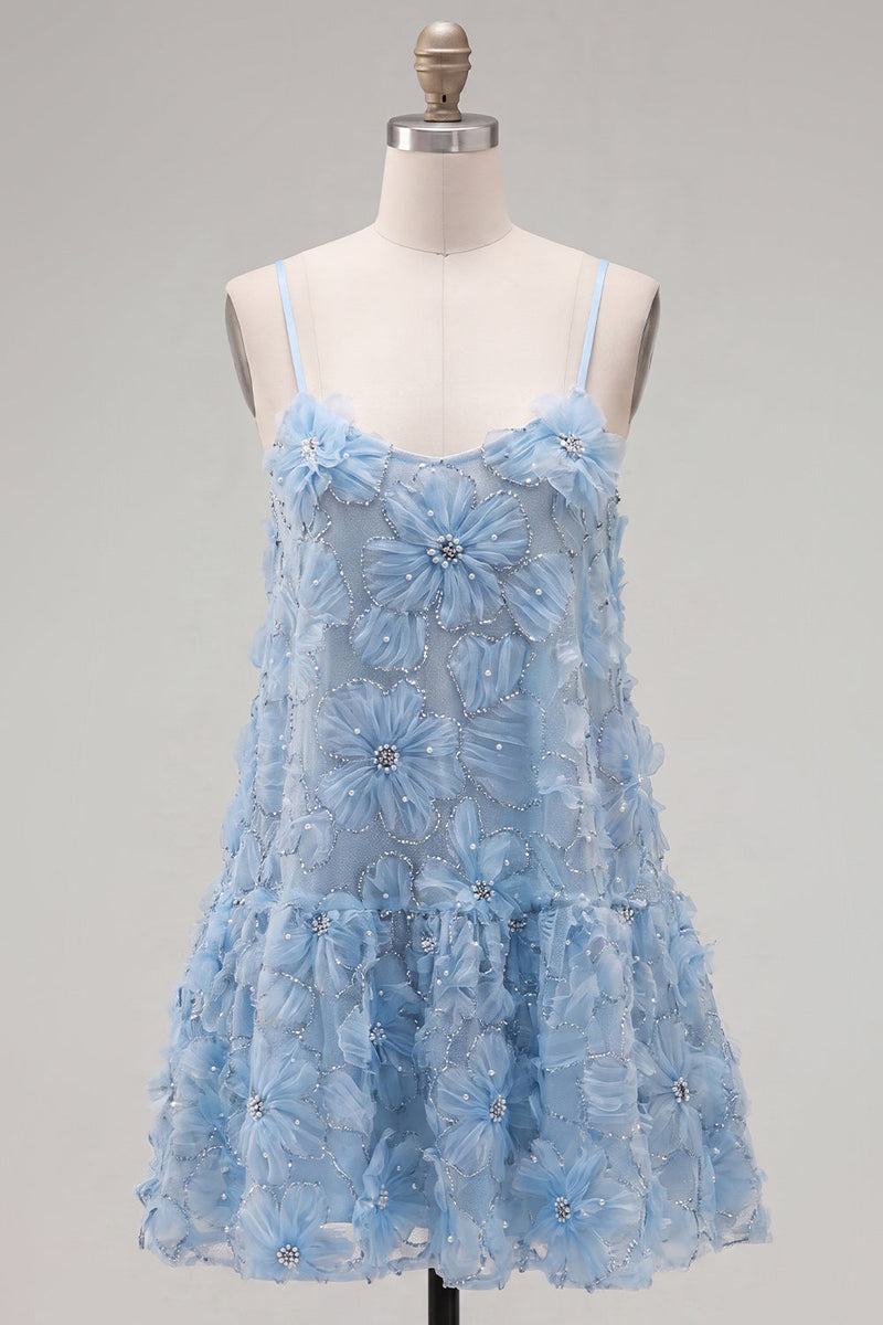 Load image into Gallery viewer, Sparkly Pink Floral A Line Spaghetti Straps Beaded Short Homecoming Dress