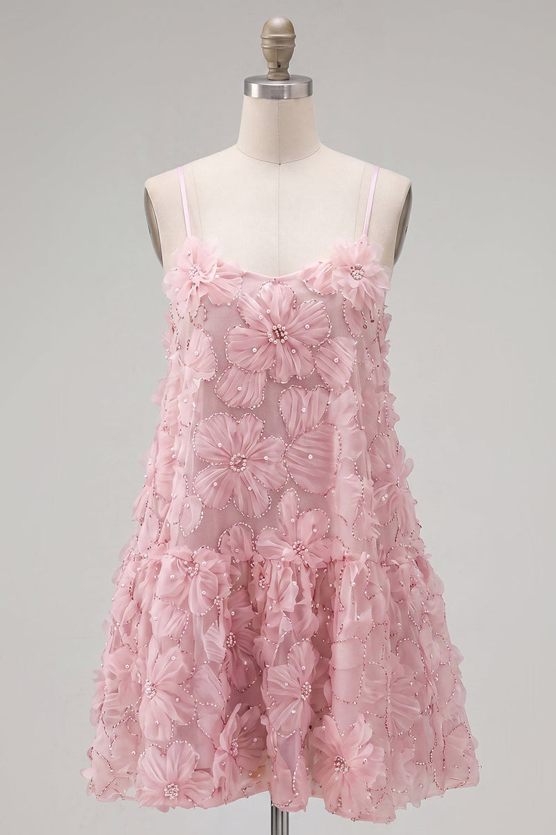 Load image into Gallery viewer, Sparkly Pink Floral A Line Spaghetti Straps Beaded Short Homecoming Dress