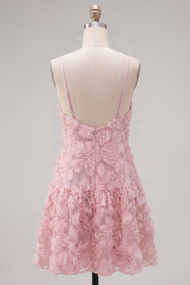 Load image into Gallery viewer, Sparkly Pink Floral A Line Spaghetti Straps Beaded Short Homecoming Dress