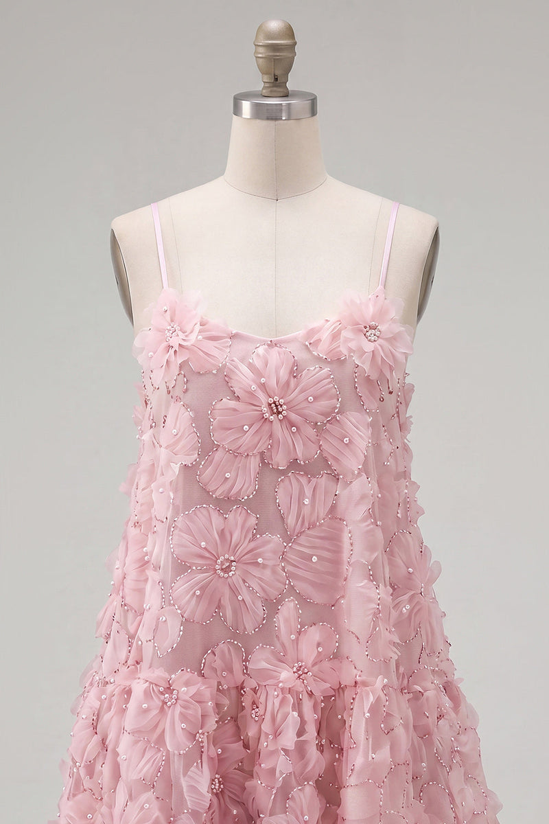 Load image into Gallery viewer, Sparkly Pink Floral A Line Spaghetti Straps Beaded Short Homecoming Dress