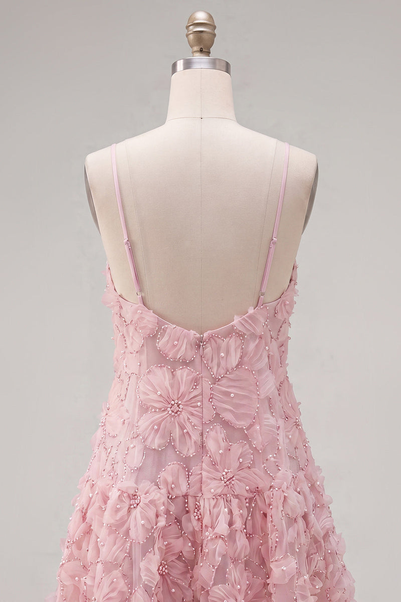 Load image into Gallery viewer, Sparkly Pink Floral A Line Spaghetti Straps Beaded Short Homecoming Dress