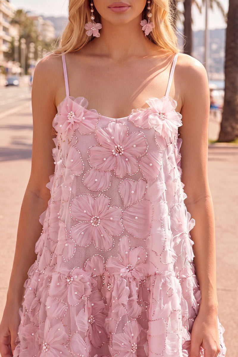 Load image into Gallery viewer, Sparkly Pink Floral A Line Spaghetti Straps Beaded Short Homecoming Dress