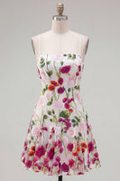 Load image into Gallery viewer, Pink Red Floral A Line Spaghetti Straps Short Homecoming Dress