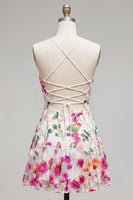 Load image into Gallery viewer, Pink Red Floral A Line Spaghetti Straps Short Homecoming Dress