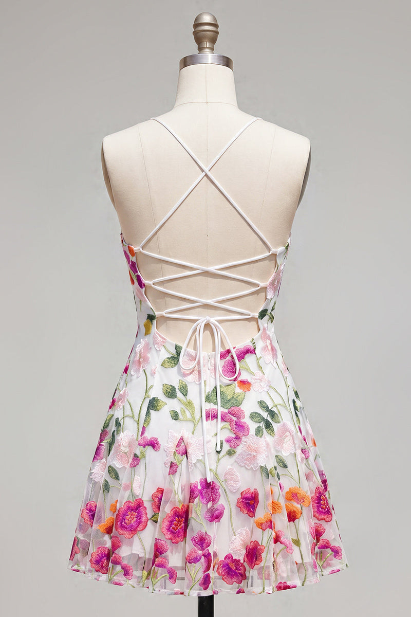 Load image into Gallery viewer, Pink Red Floral A Line Spaghetti Straps Short Homecoming Dress