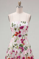 Load image into Gallery viewer, Pink Red Floral A Line Spaghetti Straps Short Homecoming Dress