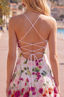 Load image into Gallery viewer, Pink Red Floral A Line Spaghetti Straps Short Homecoming Dress