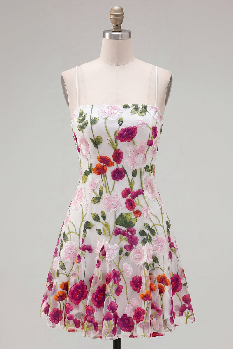 Load image into Gallery viewer, Pink Red Flower Spaghetti Straps A Line Short Homecoming Dress