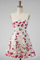 Load image into Gallery viewer, Pink Red Floral A Line Spaghetti Straps Short Homecoming Dress