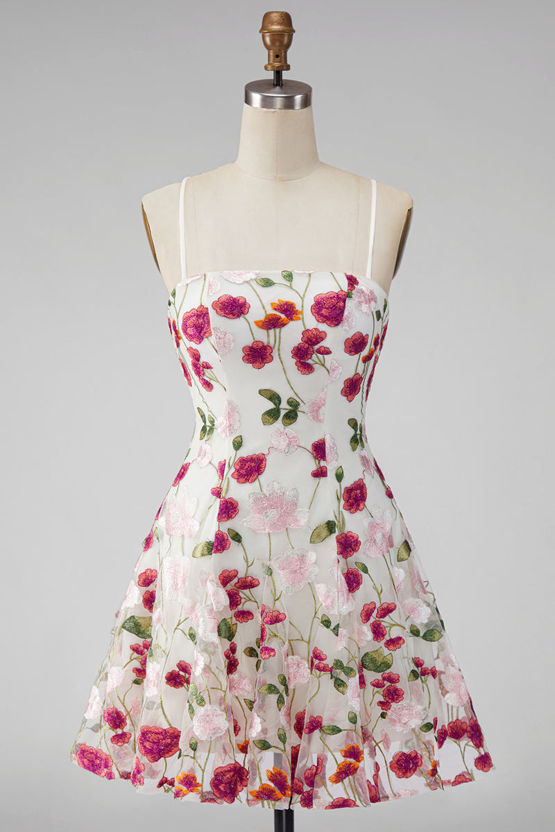 Load image into Gallery viewer, Pink Red Floral A Line Spaghetti Straps Short Homecoming Dress