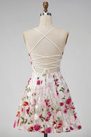 Load image into Gallery viewer, Pink Red Floral A Line Spaghetti Straps Short Homecoming Dress