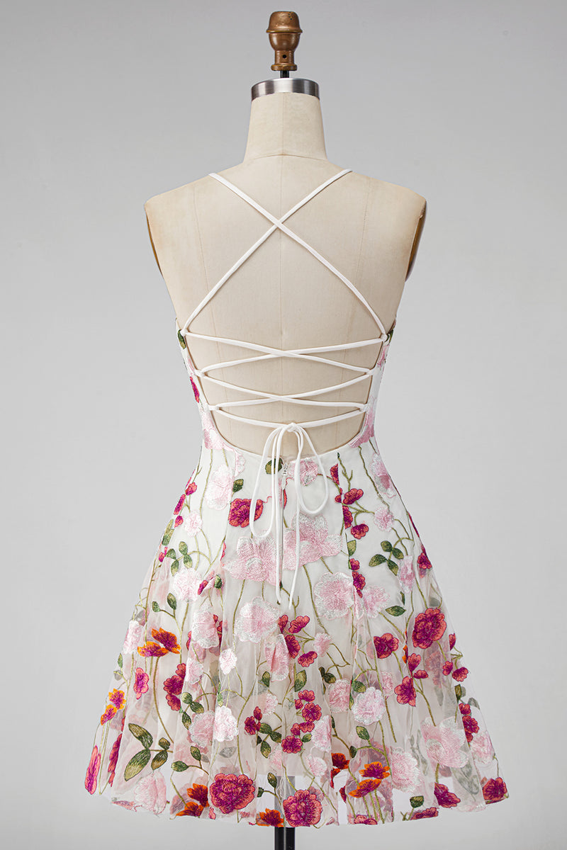 Load image into Gallery viewer, Pink Red Floral A Line Spaghetti Straps Short Homecoming Dress