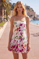 Load image into Gallery viewer, Pink Red Flower Spaghetti Straps A Line Short Homecoming Dress