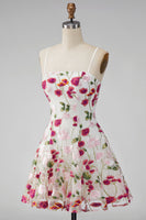 Load image into Gallery viewer, Pink Red Floral A Line Spaghetti Straps Short Homecoming Dress