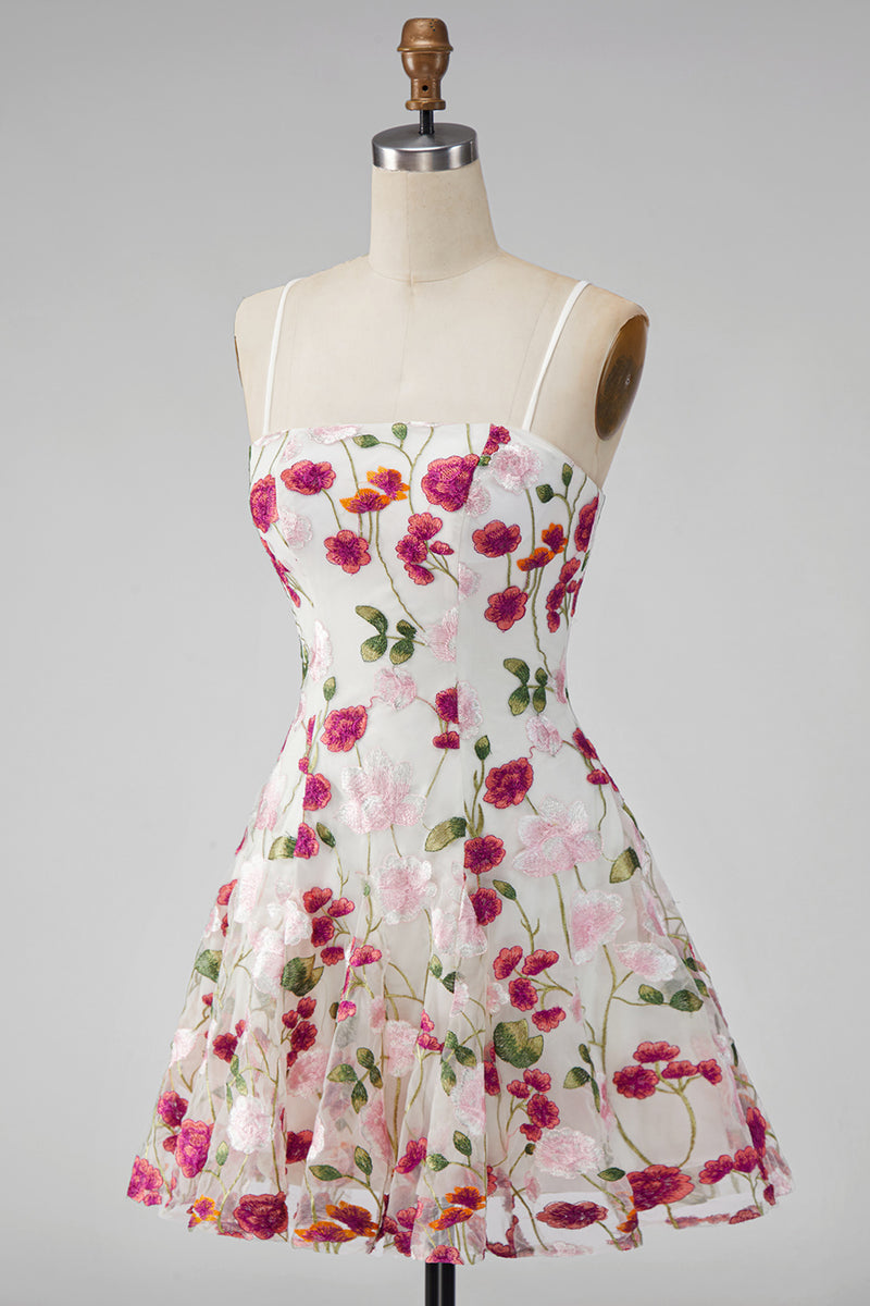 Load image into Gallery viewer, Pink Red Floral A Line Spaghetti Straps Short Homecoming Dress