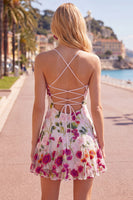 Load image into Gallery viewer, Pink Red Flower Spaghetti Straps A Line Short Homecoming Dress