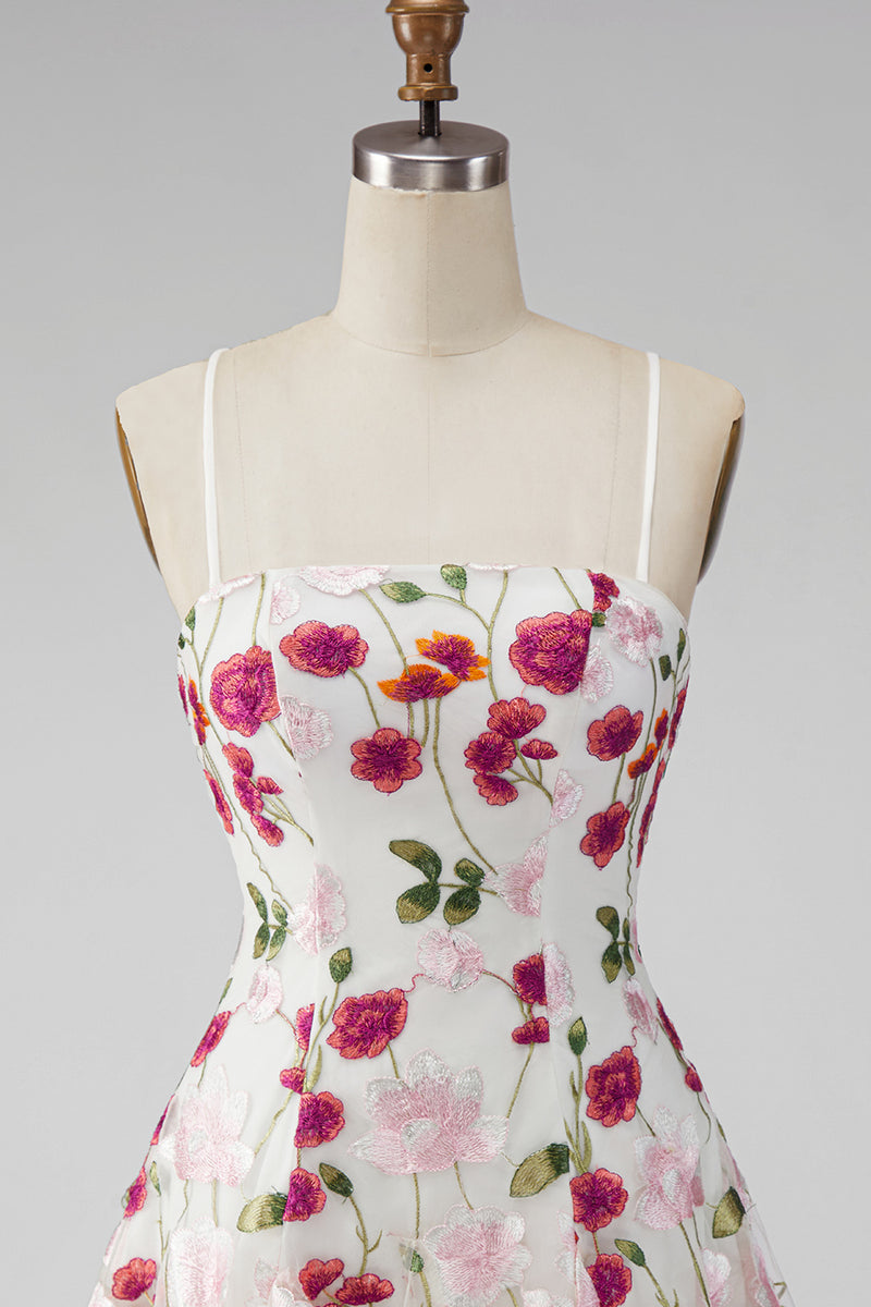 Load image into Gallery viewer, Pink Red Floral A Line Spaghetti Straps Short Homecoming Dress