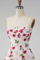 Load image into Gallery viewer, Pink Red Floral A Line Spaghetti Straps Short Homecoming Dress