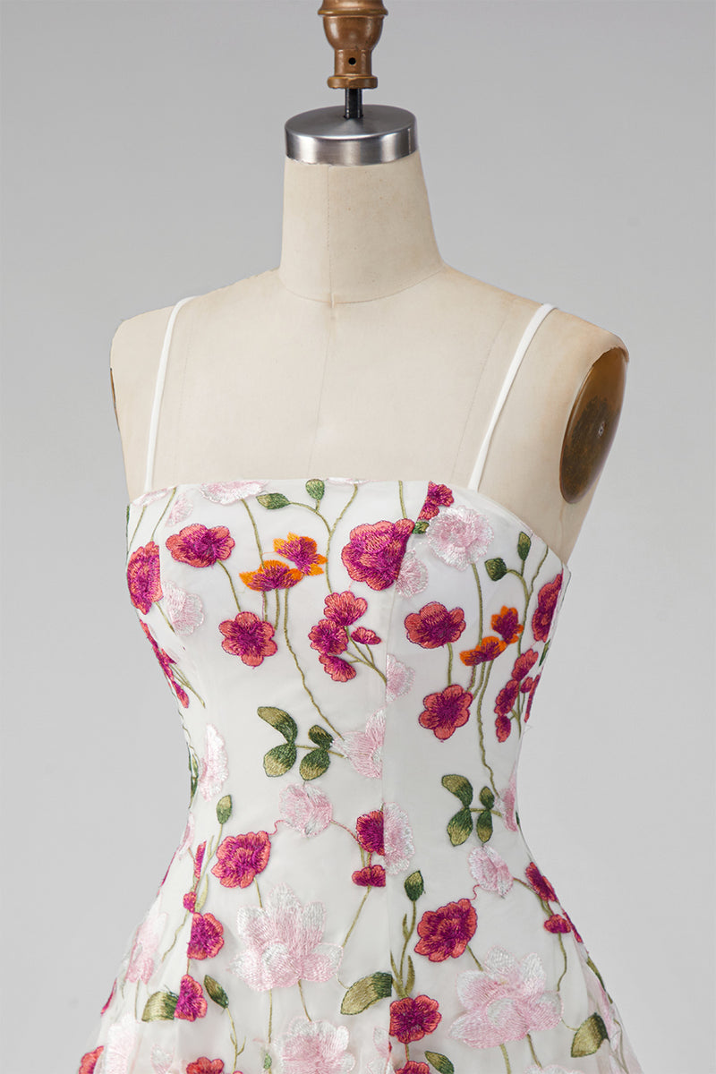Load image into Gallery viewer, Pink Red Floral A Line Spaghetti Straps Short Homecoming Dress