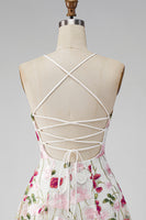 Load image into Gallery viewer, Pink Red Floral A Line Spaghetti Straps Short Homecoming Dress