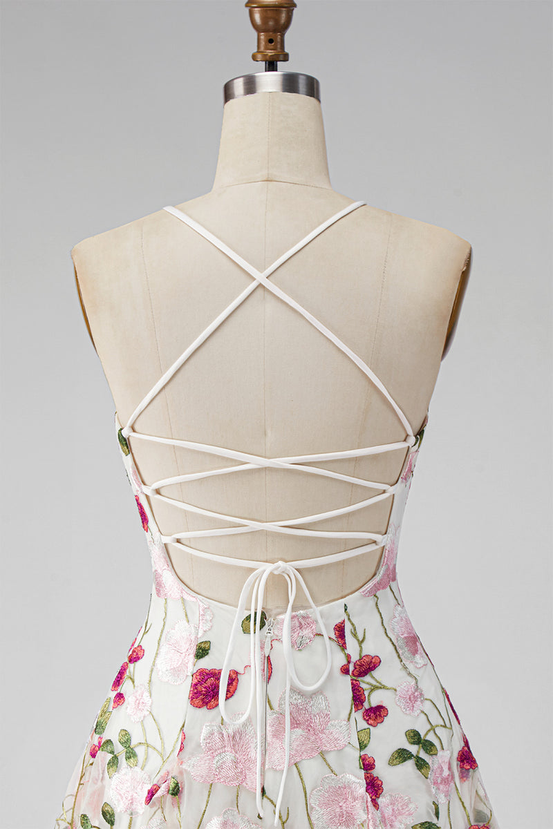 Load image into Gallery viewer, Pink Red Floral A Line Spaghetti Straps Short Homecoming Dress