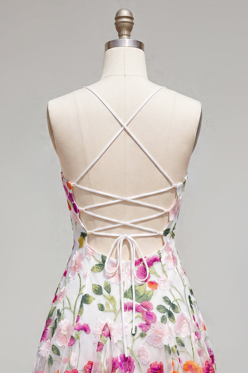 Load image into Gallery viewer, Pink Red Flower Spaghetti Straps A Line Short Homecoming Dress