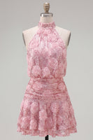 Load image into Gallery viewer, Sparkly Pink Floral A Line Sequin Short Homecoming Dress with Ruffles