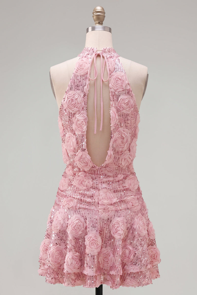 Load image into Gallery viewer, Sparkly Pink Floral A Line Sequin Short Homecoming Dress with Ruffles