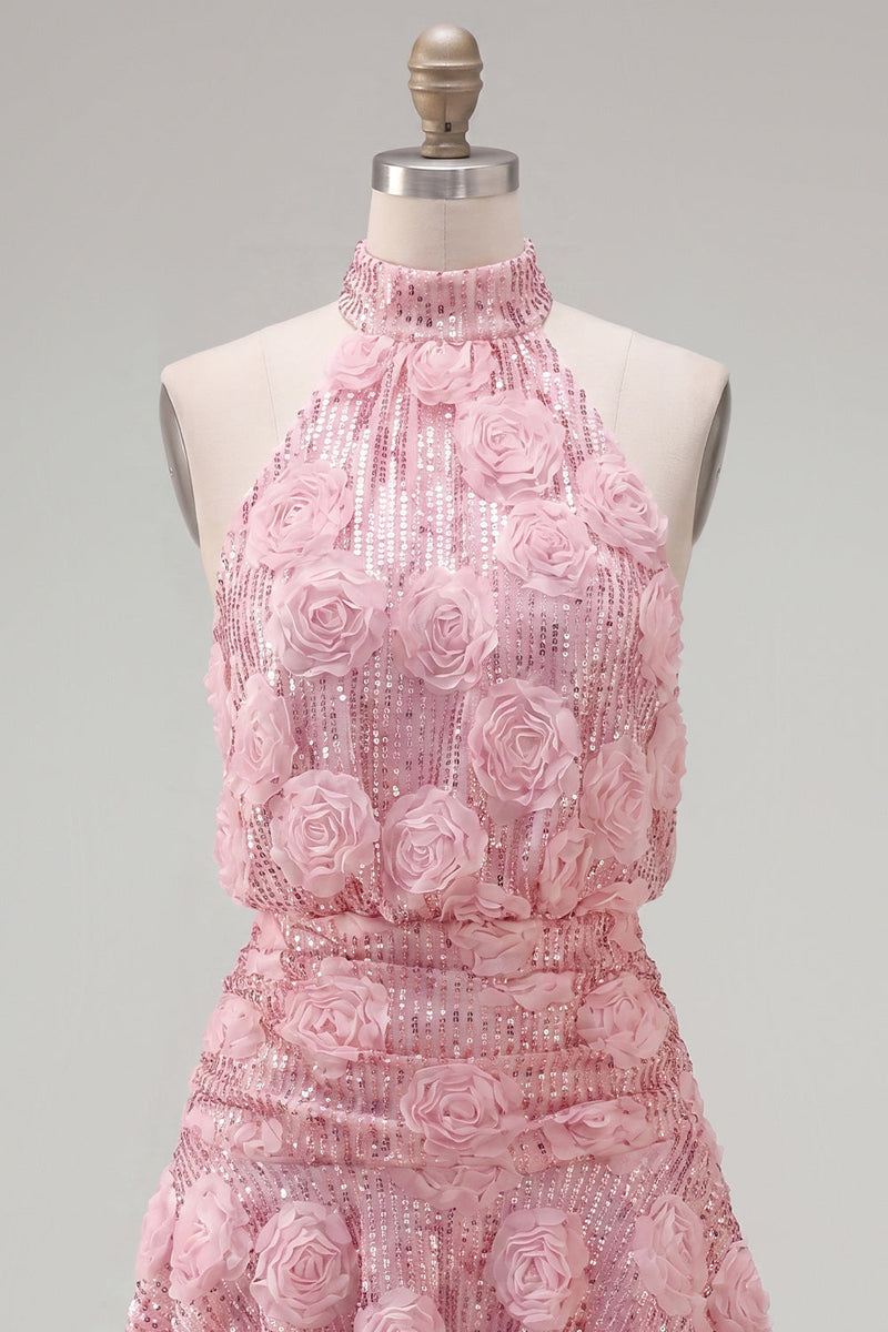 Load image into Gallery viewer, Sparkly Pink Floral A Line Sequin Short Homecoming Dress with Ruffles