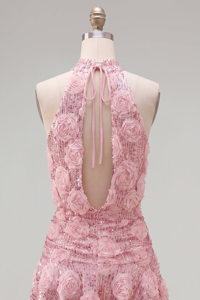 Load image into Gallery viewer, Sparkly Pink Floral A Line Sequin Short Homecoming Dress with Ruffles