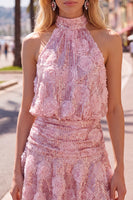 Load image into Gallery viewer, Sparkly Pink Floral A Line Sequin Short Homecoming Dress with Ruffles
