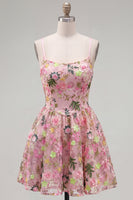 Load image into Gallery viewer, Pink Short Floral Spaghetti Straps A Line Homecoming Dress with Pockets