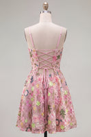 Load image into Gallery viewer, Pink Short Floral Spaghetti Straps A Line Homecoming Dress with Pockets