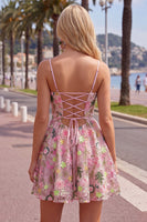 Load image into Gallery viewer, Pink Short Floral Spaghetti Straps A Line Homecoming Dress with Pockets