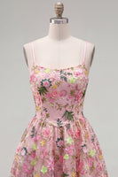 Load image into Gallery viewer, Pink Short Floral Spaghetti Straps A Line Homecoming Dress with Pockets