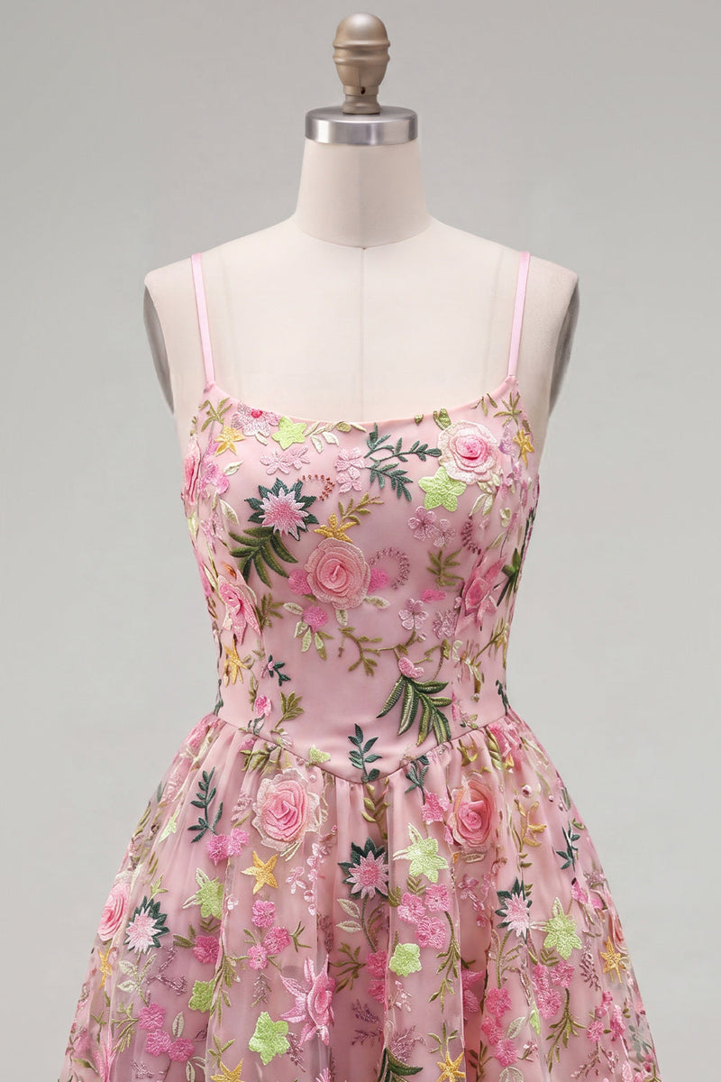Load image into Gallery viewer, Pink Short Floral Spaghetti Straps A Line Homecoming Dress with Pockets