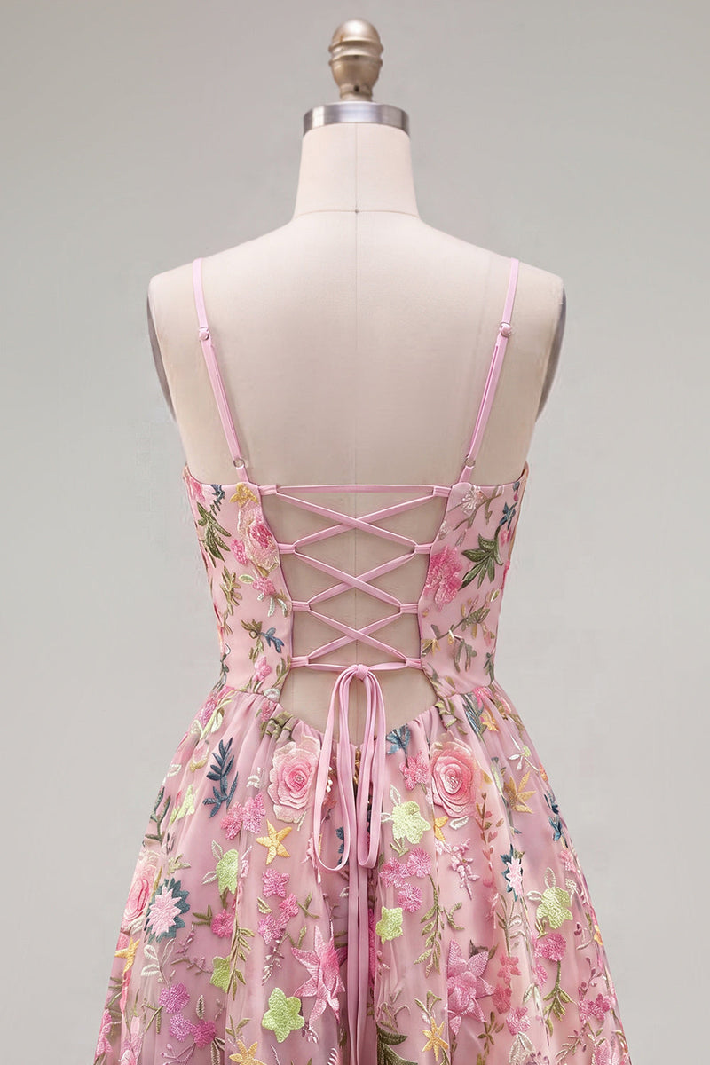 Load image into Gallery viewer, Pink Short Floral Spaghetti Straps A Line Homecoming Dress with Pockets