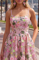 Load image into Gallery viewer, Pink Short Floral Spaghetti Straps A Line Homecoming Dress with Pockets