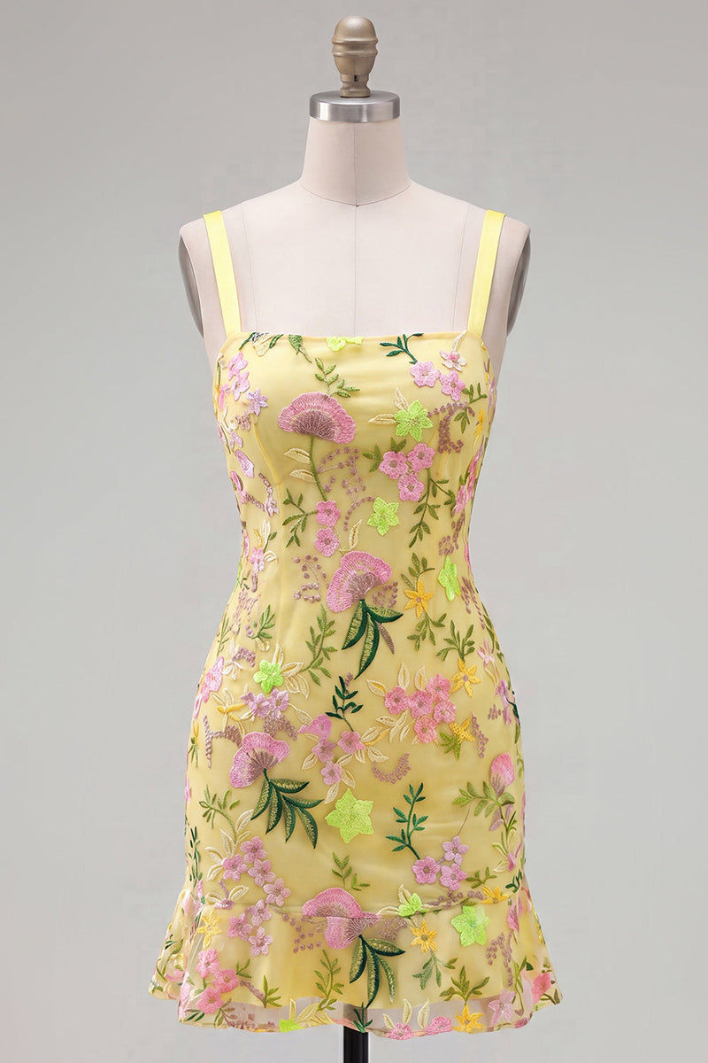 Load image into Gallery viewer, Butter Yellow Floral Tight Ruffled Short Homecoming Dress