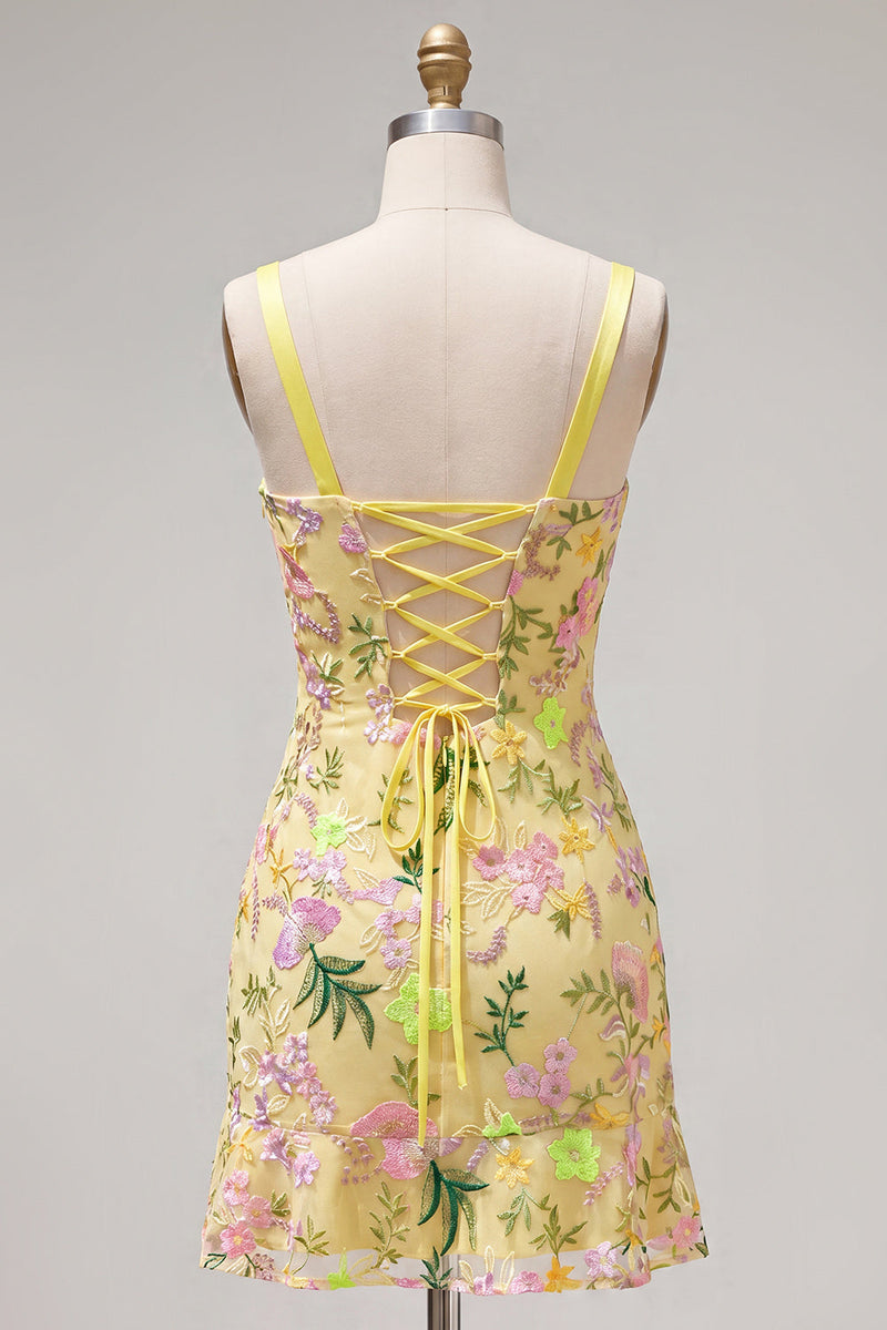 Load image into Gallery viewer, Butter Yellow Floral Tight Ruffled Short Homecoming Dress