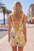 Load image into Gallery viewer, Butter Yellow Floral Tight Ruffled Short Homecoming Dress